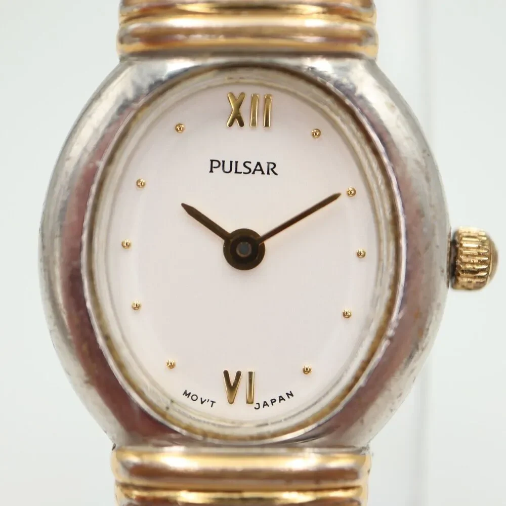 Vintage Pulsar Women Watch 19mm Oval Two Tone Stainless Steel Bracelet V700-X077